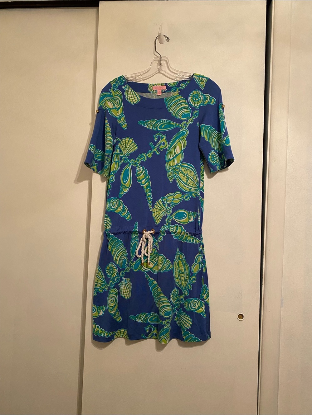 Lilly Pulitzer Blue Dress with Green Tropical Shell Print w/Drawstring Waistline